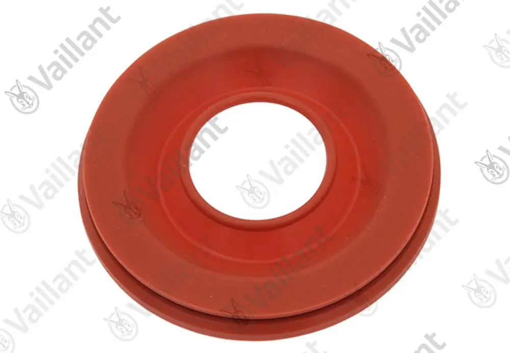 Roter Gummiring von Vaillant mit einem mittleren Loch in der Mitte; dient zur Rohrdurchführung bei Heizungsinstallationen.
